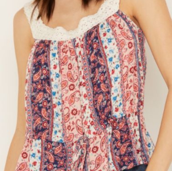 🌸PAISLEY PRINT PEPLUM CROCHET TRIM SWING TANK TOP SIZE L COTRAGECORE - Picture 2 of 15